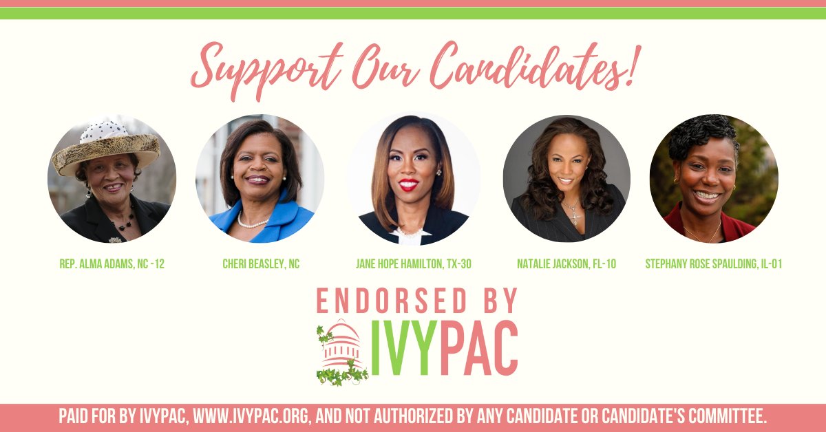 ivypacdotorg's tweet photo. IVYPAC's first slate of 2022 endorsements are...🥁
Rep. @AlmaforCongress, @CheriBeasleyNC, @JaneHopeTX, @NatJacksonFL10 &amp; @drstephanyrose 💗💚🌷 #NC12 #NorthCarolina #TX30 #FL10 #IL01 #IL1 https://t.co/jXtlv8tzk9 https://t.co/6XeSvJoNTr
