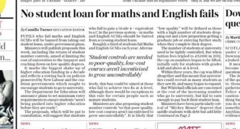 miss_mcinerney's tweet photo. This is devastating and unnecessary. 
Why should you be kept out of a music, or art, or dance, or drama degree for getting a grade 3 in maths? Why should you be stopped from gaining a maths degree for getting a 3 in English? 
And why let rich kids avoid these rule?! https://t.co/YcZEVdIAFE