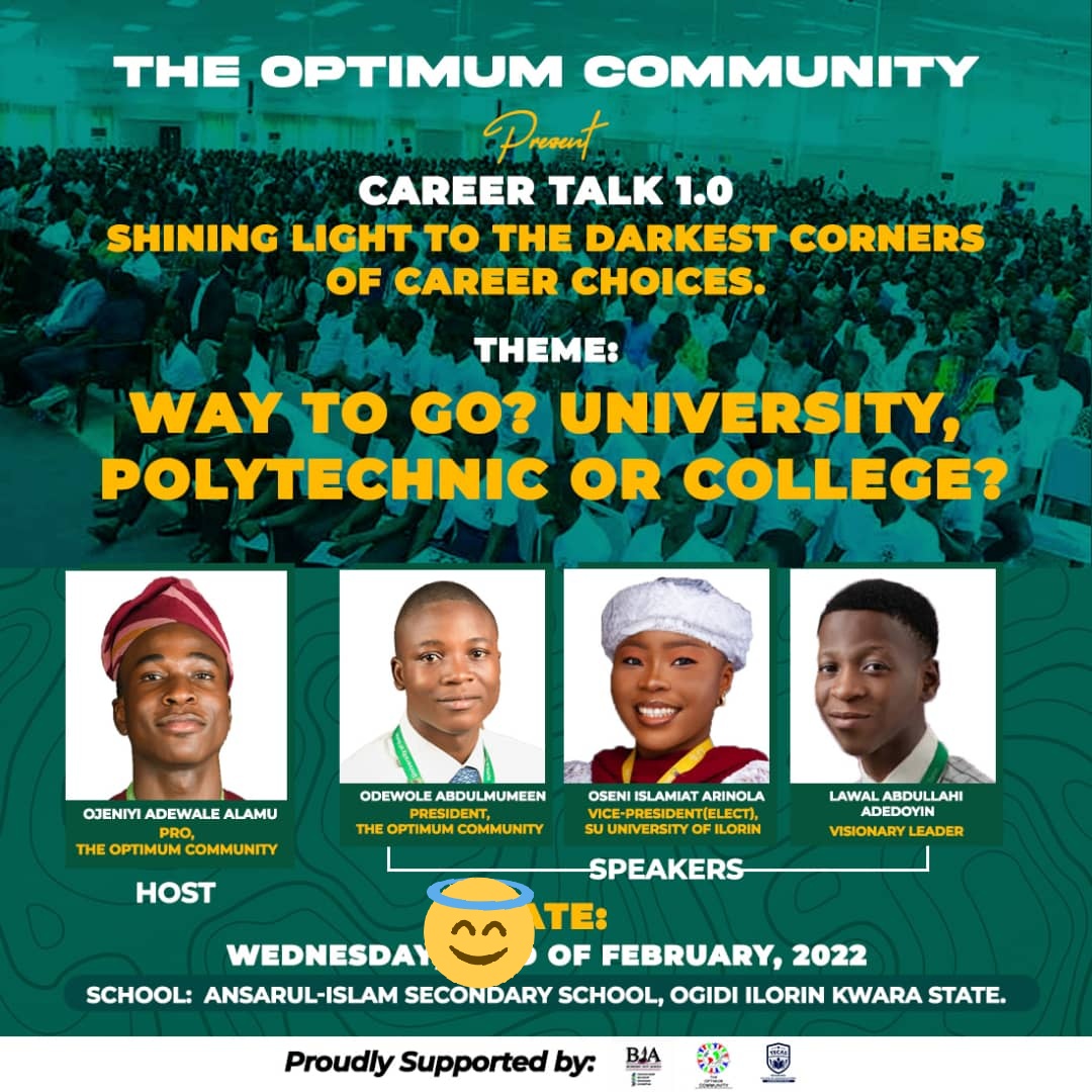 Today, the @TheOptimumComm_ will be impacting on finalist students of Ansarul-Islam Secondary school, guiding them as they prepare for the next phase of their lives. It is indeed an honour for me to be the host of the program. @ArinolaInspires @Optimum_Woleh @AbdullahOLawal https://t.co/XzUbdLvzPz