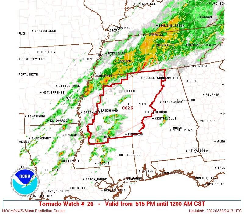 5:18pm CST #SPC_Watch WW 26 TORNADO AL MS 222315Z - 230600Z, #alwx #mswx, go.usa.gov/xz3ZP
