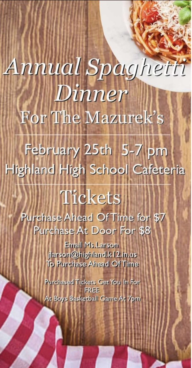 hhs_stucouncil's tweet photo. Highland High School’s annual Spaghetti Dinner is this Friday, February 25th! More information is provided in the picture below. https://t.co/nXMBefMMHk