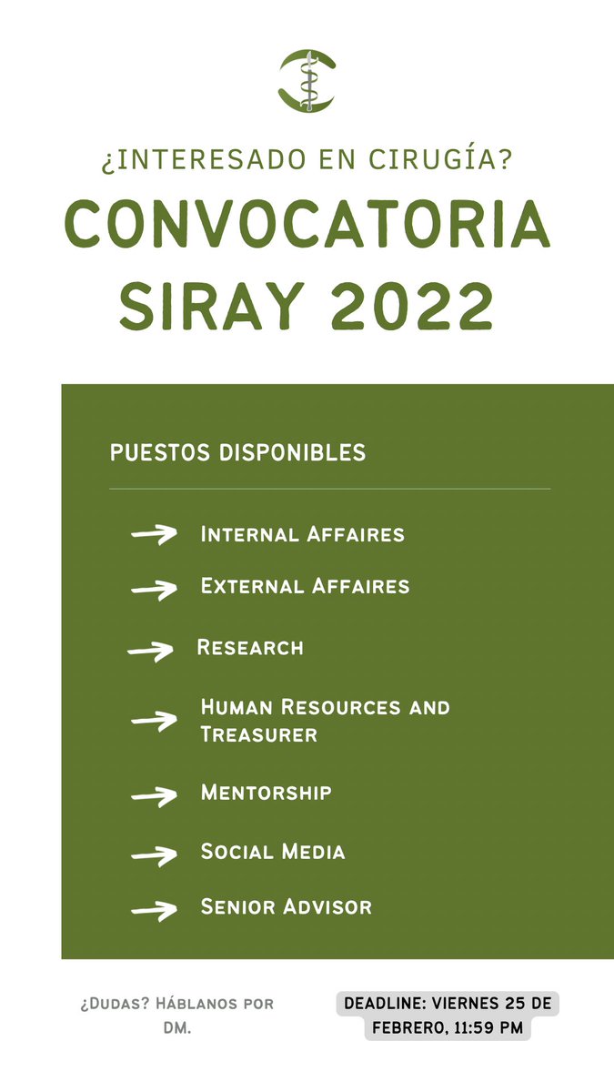 🚨CONVOCATORIA SIRAY 2022

Cualquier estudiante de todo el Perú 🇵🇪 con interés en cirugía es bienvenido a postular.

Registro: forms.gle/tbgV9N2hSmdV1L…
