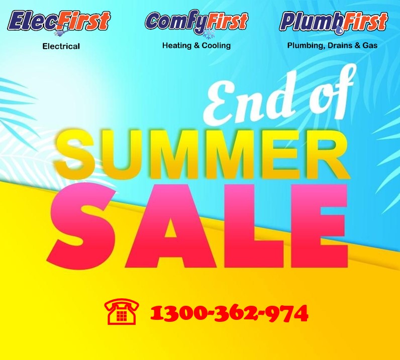 ElecfirstL's tweet photo. We're mid-way through our “End of Summer” sale! Yes,  Plumbing, Electrical, Heating &amp; Cooling - all jobs, all suburbs! Just mention this post when booking your job to activate your savings! ☎1300362974  We've got your home covered! 

@ElecfirstL  #endofsummer #electrician https://t.co/mUzjtj4DcK