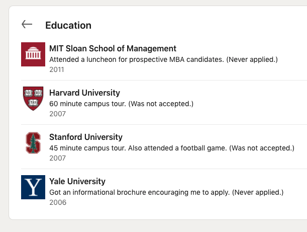 ChrisJBakke's tweet photo. Finally got around to updating my education on Linkedin.

Please clap. https://t.co/DS9Vm3vxsB
