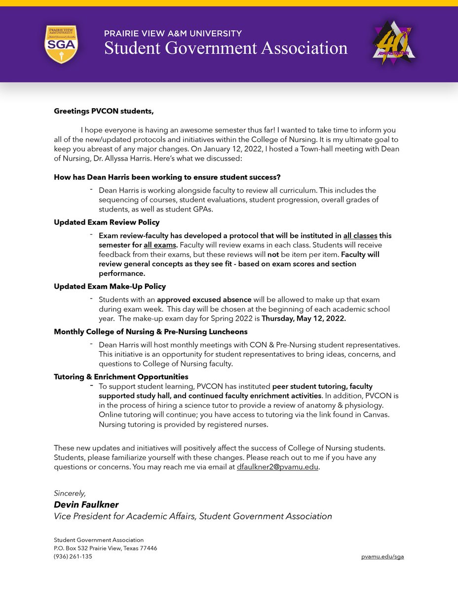 _devinfaulkner's tweet photo. Attention all College of Nursing students! 🗣
Below are two important letters that outline things that will truly improve the quality of your experience at PVCON! 👩🏽⚕️
Please feel free to reach out to me should you have any questions or concerns! 💜💛
#PVCON https://t.co/xskr45lrJc