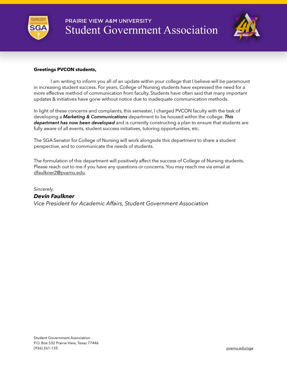 _devinfaulkner's tweet photo. Attention all College of Nursing students! 🗣
Below are two important letters that outline things that will truly improve the quality of your experience at PVCON! 👩🏽⚕️
Please feel free to reach out to me should you have any questions or concerns! 💜💛
#PVCON https://t.co/xskr45lrJc