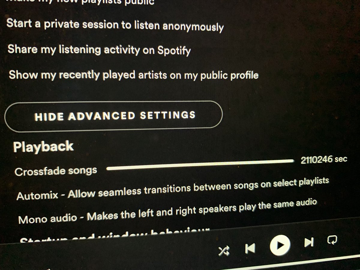 AAJorgensen's tweet photo. Please help @AskSpotifyStars! My crossfade doesn’t work suddenly. It used to be #s (like 1-10 seconds) and now it’s this (see pic). I teach fitness on your platform so I need this resolved asap for a seamless class. Thank you @Spotify 👍 #spotify https://t.co/8i87r2FsT9