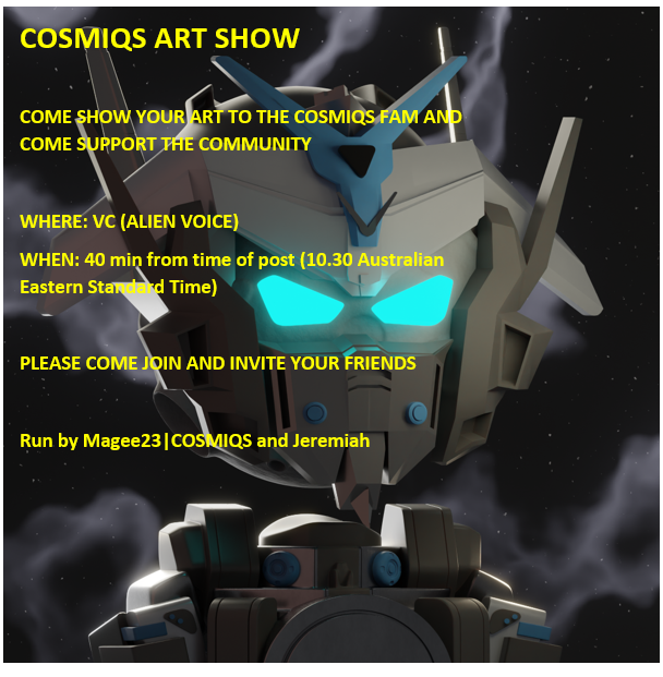 CalebMagee14's tweet photo. Please come participate in my art show event.... come and show your best art and come support the community! There is often a lot of awesome art that may go unnoticed so this is your chance to show it off. Please come and join and show the love to your community @CosmiqsNFT https://t.co/dof8tD7ceb