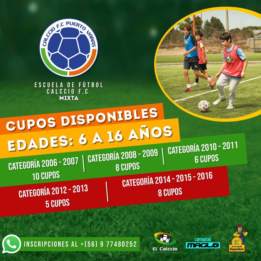 Cupos Disponibles, Escuela de fútbol Calccio F.C #PuertoVaras #futbol #llanquihue #puertomontt #futbol7 #FutFem #FUT