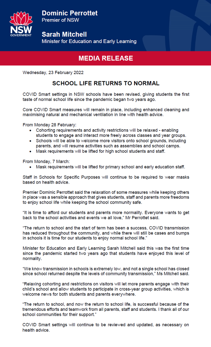 Students in NSW will soon have a more normal school life for the first time since the pandemic began.

We've revised our COVID Smart settings in schools, though some core measures including enhanced cleaning and maximising natural and mechanical ventilation will remain.