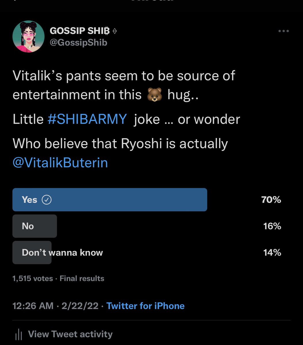 LucieSHIB's tweet photo. 1515 people voted.
70% @RyoshiResearch is @VitalikButerin 

Well who knows. 
Anyway We love you Ryoshi! https://t.co/53L1YxO3vI