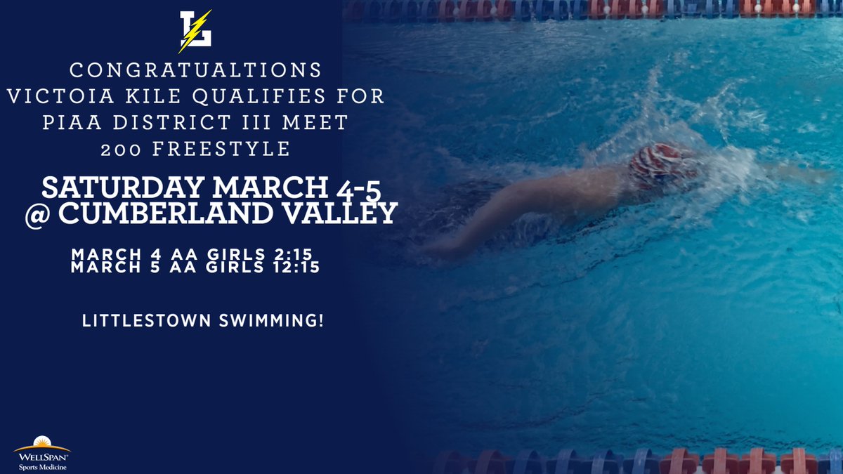 LtownAthletics's tweet photo. Congratulations to our varsity swimmer, Victoria Kile.  She qualified for the PIAA AA District III Meet in the 200 Free.  Meet is March 4-5 at Cumberland Valley.  AA Girls start 2:15pm on March 4 and 12:15pm March 5.  Go Bolts! #1town1team https://t.co/bESF1JBmST