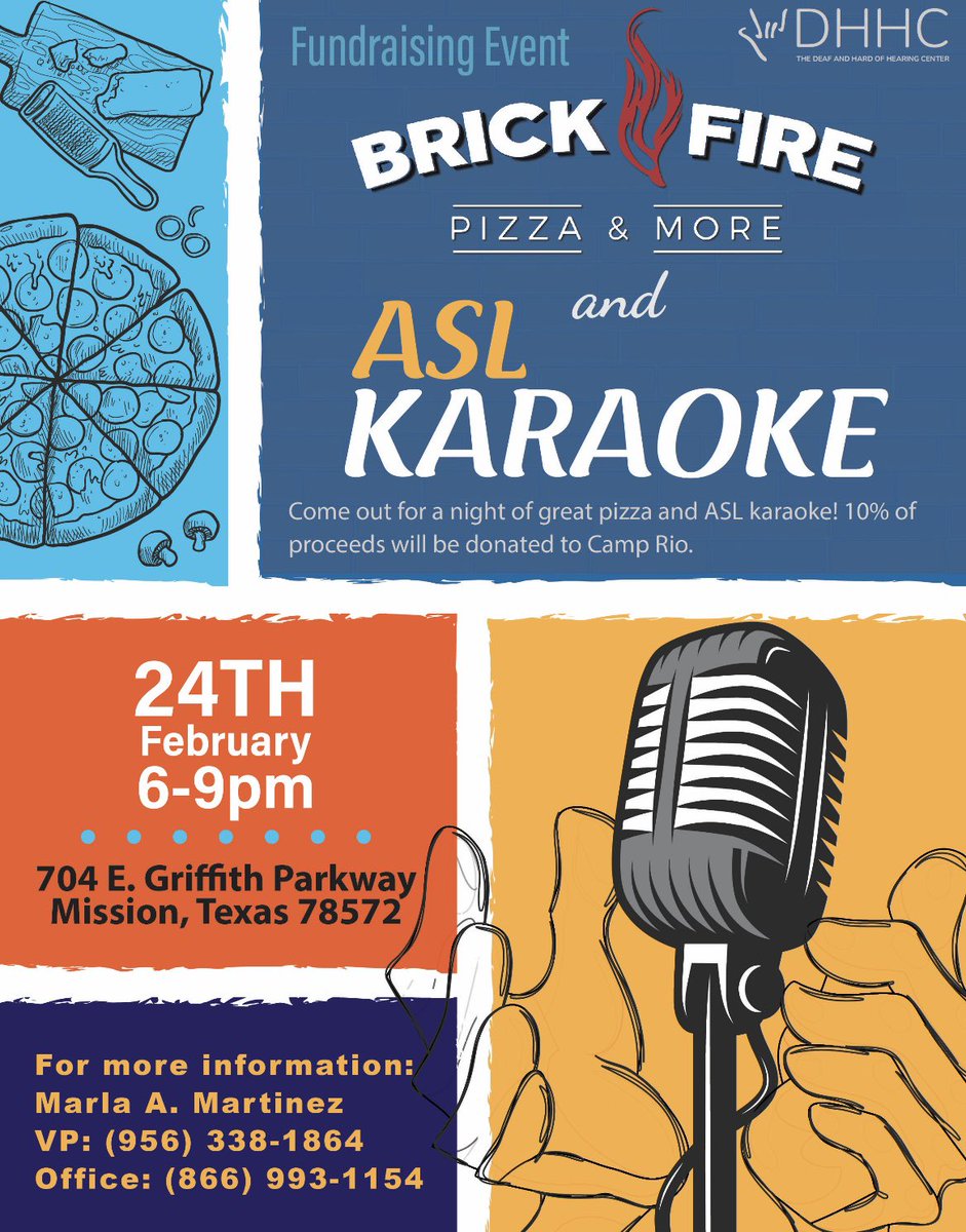 MISDDeafed's tweet photo. Come enjoy pizza and ASL Karaoke!! You will also be helping kiddos go to Camp Rio! We hope to see you there! #deafed #dhhc @sped_misd @McAllenISD https://t.co/8IMKc8TNjx