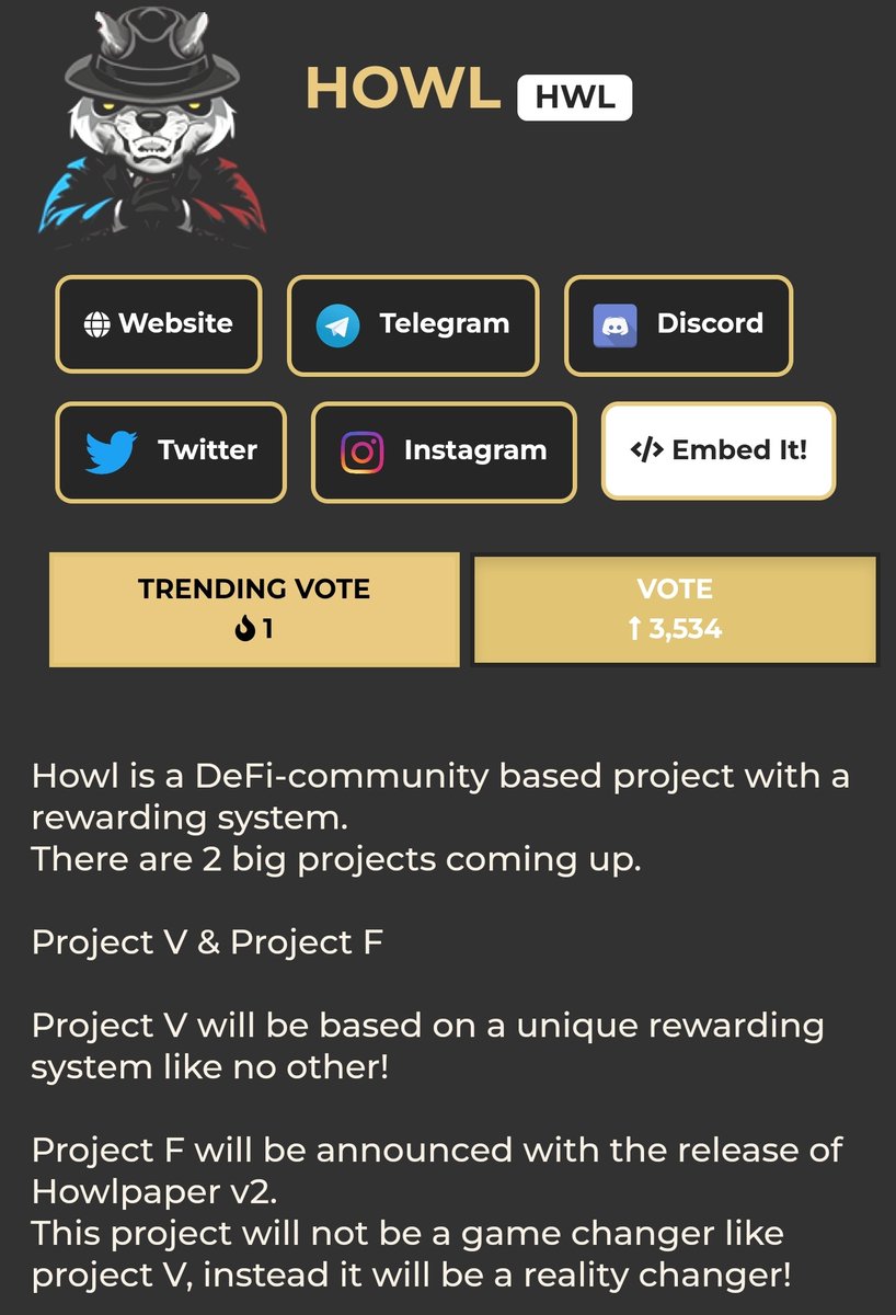 Howlvip's tweet photo. We are close to 4k votes!!! 🔥🔥Vote for us on @CoinvoteCC for @HOWLVIP please 🔥

https://t.co/FLPoDGQePm

#BSC #BNB #DEFI #coinvote #altcoins #CryptoNews  #newproject https://t.co/gzbdaKToAz
