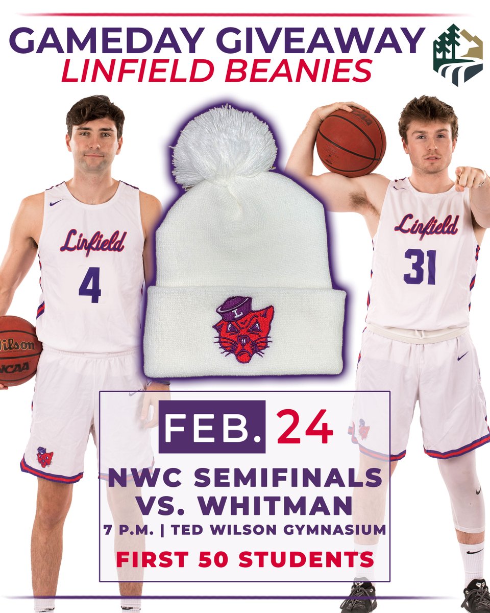 linfieldsports's tweet photo. We are having another gameday giveaway at Thursday's NWC Championship semifinal matchup between top-seeded @linfieldmbb and No. 4-seeded Whitman.
The first 50 students will get a free Linfield beanie. Don't forget to stop by and cheer on your 'Cats!
#RollCats | #NWCHoops https://t.co/6PXnCL82rK