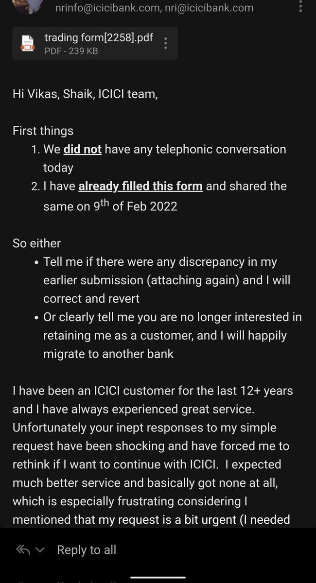 gaurav_singh13's tweet photo. @ICICIBank_Care 

Emailed you twice, been over a month and still no resolution to an *urgent* request. I've been with ICICI for 12+ years but clearly you don't want to retain customers or even just do your job. Fed up and considering closing my account. 
Case id  ICICI-0000055692 https://t.co/xPBNbmMf08