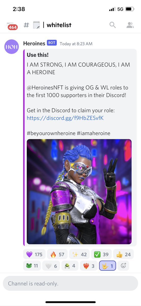 otree_nft's tweet photo. AM STRONG, I AM COURAGEOUS, I AM A HEROINE

@HeroinesNFT is giving OG &amp; WL roles to the first 1000 supporters in their Discord!

Get in the Discord to claim your role: https://t.co/6BWqpBSzMW

#beyourownheroine #iamaheroine https://t.co/bi8pBOwc7f