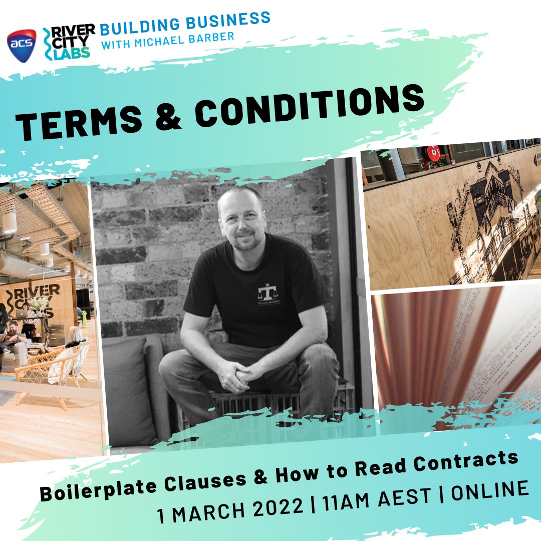 ⏰Less than a week until Terms and Conditions with Michael Barber. Learn technical tips and knowledge when reviewing contracts - a critical skill for any business owner!

📅 1 March 2022, at 11:00AM AEST
💻 Online
🎟️ Register here: bit.ly/3JrMJKH