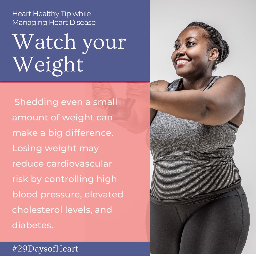 WomenHeartOrg's tweet photo. One Heart Healthy Tip: Watch your weight.
Excess body fat forces your heart to work harder and can worsen heart disease. Shedding even a small amount of weight can make a big difference. The best way to lose weight is through a combination of diet and exercise. #behearthealthy https://t.co/2OYyvNOPA2