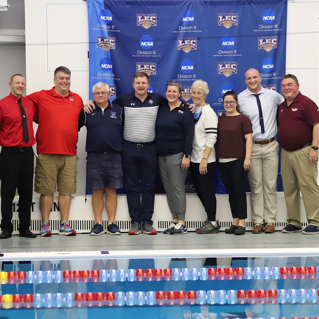 LittleEastConf's tweet photo. Prior to the start of tonight's finals session the #LECswim head coaches pair tribute to @WestfieldOwls head coach Dave Laing, who is retiring after an outstanding 40-year career. Congrats on your retirement, Dave! #LECchamps #Legend #NCAAD3 @NCAADIII @d3sports @CSCAA https://t.co/AipqUS5nOj