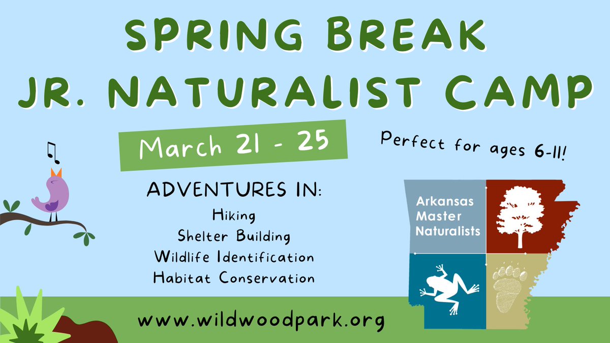 WildwoodPark's tweet photo. There's still space for your camper to join our Great Outdoor Adventures! Led by the Central AR Master Naturalists, your camper can experience the joys of nature with hiking, shelter building, wildlife identification, habitat conservation, &amp; more!

Book: https://t.co/H8cc6OmjZT https://t.co/Z9nGrcrUPZ