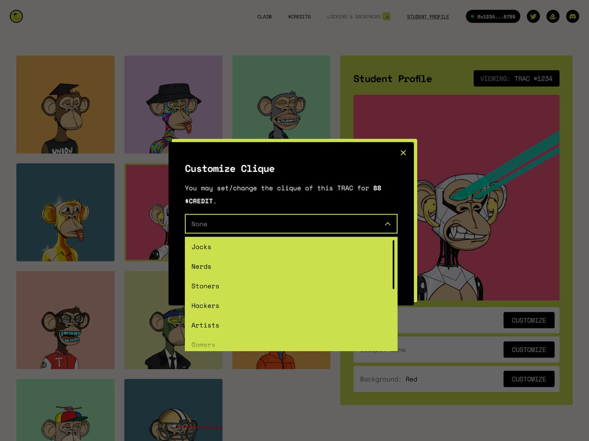 Palmsyyy's tweet photo. Preview of our upcoming upgrades to our TRAC NFTs. Can change the name of your TRAC, background of your TRAC and also change your clique to be with your buddies all purchase with CREDIT earned by holding TRACS, 8 per day per ape check us out @TeenRebelApe https://t.co/UcVThtQhFx https://t.co/7mlB6ds7bK