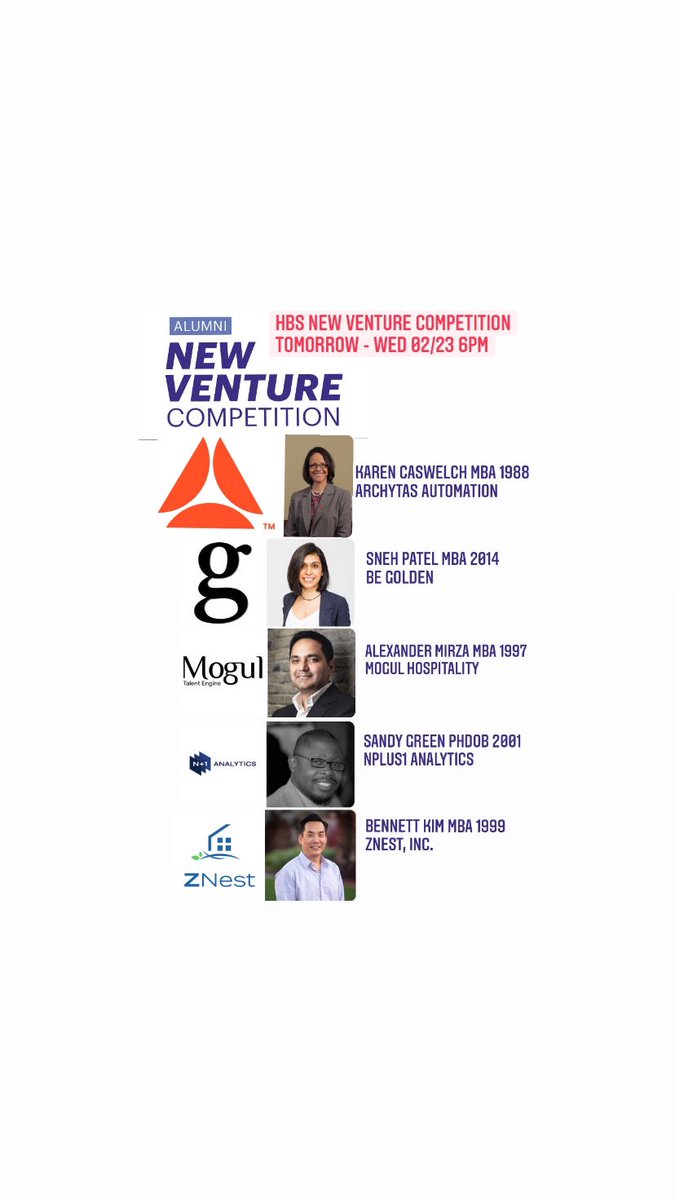HBSASC's tweet photo. Join us tomorrow for the 2022 HBS Alumni New Venture Competition Southern California Regional Finals!

https://t.co/AMk8lncF64

Karen Caswelch - Archytas Automation 
Sneh Patel  - Be Golden
Alexander Mirza - @MogulRecruiter 
Sandy Green - @Nplus1Analytics 
Bennett Kim  - ZNest https://t.co/ZgW89IsC4N