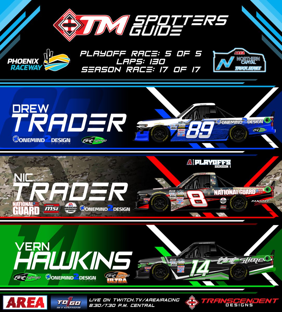 Tonight, <a href="/NicholasTrader/">NicTrader</a> goes for the inaugural <a href="/AREAiRacing/">AREA iRacing</a> Northern Capital Truck Series Championship! We also say farewell to OM2D with Drew running a special scheme.  

Be sure to Tune in live on twitch.tv/areairacing at 8:30/7:30 pm Central presented by 
<a href="/onetogostudios/">Harold Darner</a>!