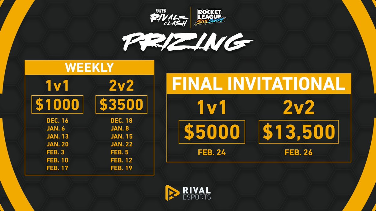 THIS IS THE BIG ONE. Fated Rivals Clash #frc Invitationals are coming at you THIS WEEK! 

Don't miss any <a href="/RLSideswipe/">Rocket League Sideswipe</a> action, as teams battle it out for MOBILE SUPREMACY 👀📲🔥

💸1v1 $5,000
💸 2v2 $13,500

📺 Catch all the action starting Feb 24th over on twitch.tv/rivalesports