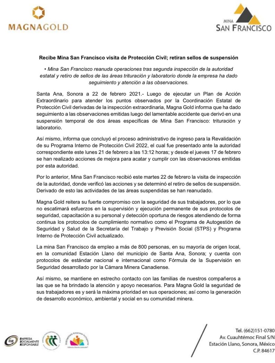 GoldMagna's tweet photo. COMUNICADO.- Recibe Mina San Francisco visita de Protección Civil; retiran sellos de suspensión. 
- Mina San Francisco reanuda operaciones tras segunda inspección de la autoridad estatal y retiro de sellos de las áreas trituración y laboratorio. https://t.co/h2c9NOwnEt