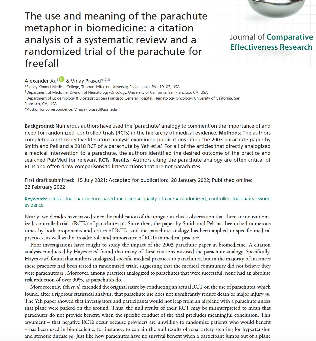 Vinay Prasad Md Mph New Paper 22 Vkprasadlab Once Again We Analyze The Use Misuse Of The Parachute Analogy In Biomedicine This Time We Trace Citations To The