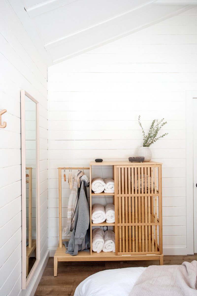 Both bedrooms at The Hideaway come with an open bamboo wardrobe. We include hangers, plenty of plush cotton towels, a Google Nest Mini for music, and plenty of space for whatever you bring. It’s important to stay organized, even on vacation!