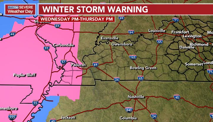 Kentuckyweather's tweet photo. A Winter Storm Warning is out for far western Kentucky from Wednesday evening through Thursday evening. Snow, sleet and freezing rain will impact the region during this time. #kywx https://t.co/BYmwS0U0vk