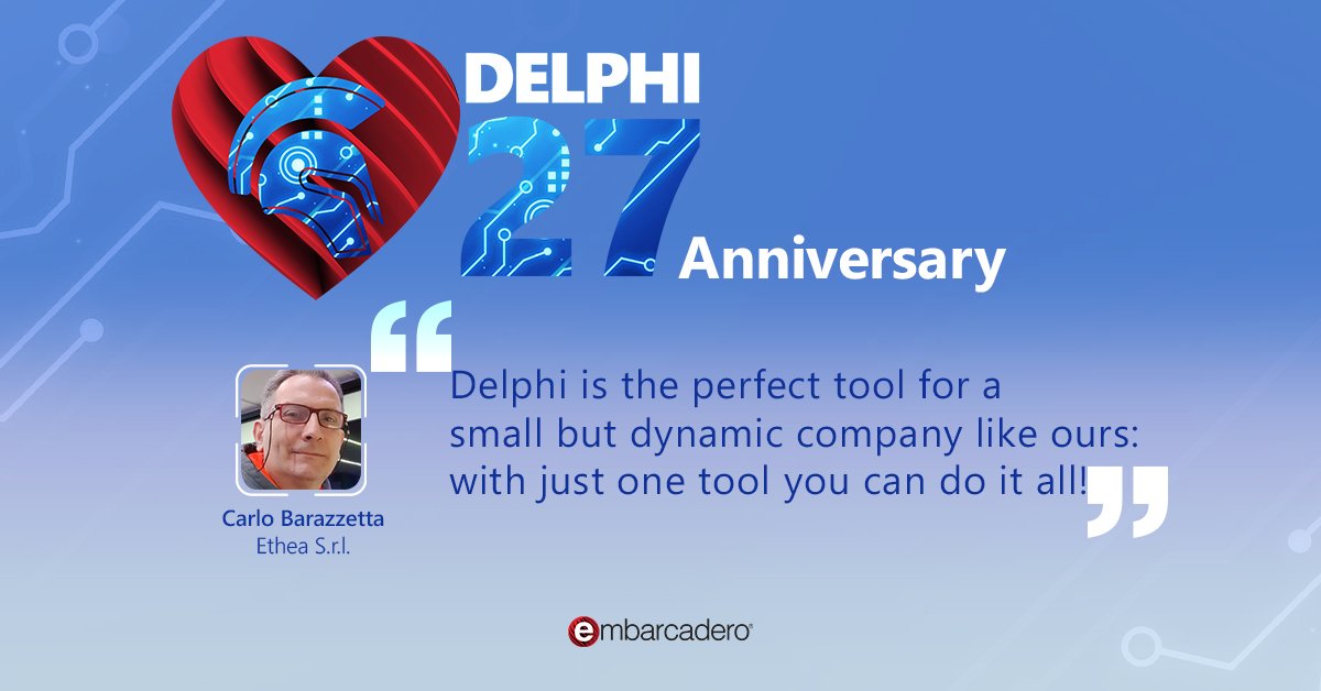 EmbarcaderoTech's tweet photo. "Delphi is the perfect tool for a small but dynamic company company like ours: with just one tool you can do it all!" Carlo Barazzetta, Ethea S.r.l. #Delphi27th
Learn more: https://t.co/a6pBtGPLHG https://t.co/8Ahwkqy0yI