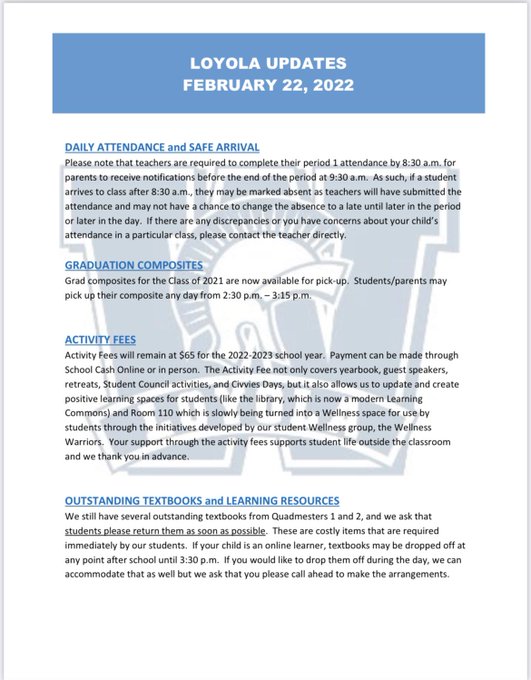 Loyola calendar 2022
