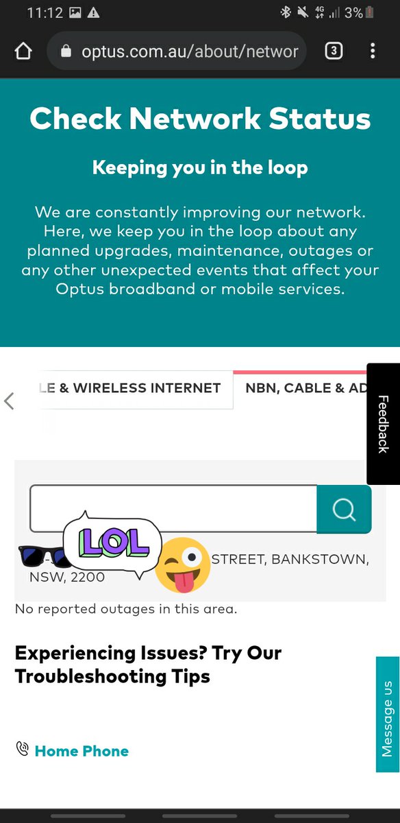 Sighmaan's tweet photo. @rinseenrepeat @Optus Incase you were looking for a clearer answer. Its probably because of the storms. Just wish they'd be more upfront and transparent about issues, instead of telling us to check an inaccurate and unreliable network status report. Putting in your address is even more misleading. https://t.co/BnrjnLDisp