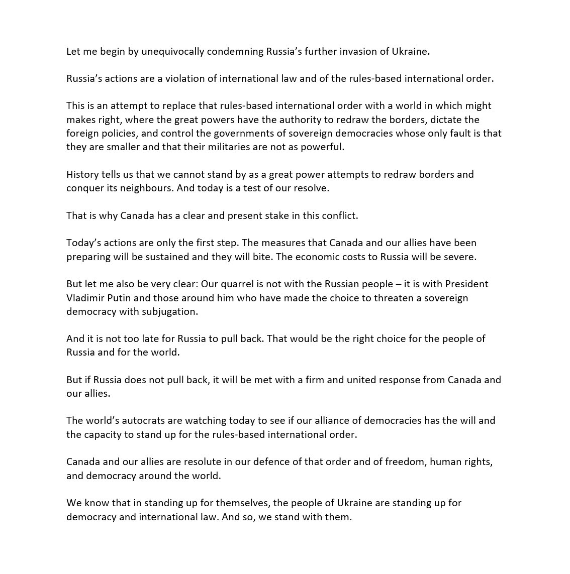 cafreeland's tweet photo. Canada unequivocally condemns Russia’s further invasion of Ukraine. See my full comments from today: https://t.co/J4gzs2bgSx