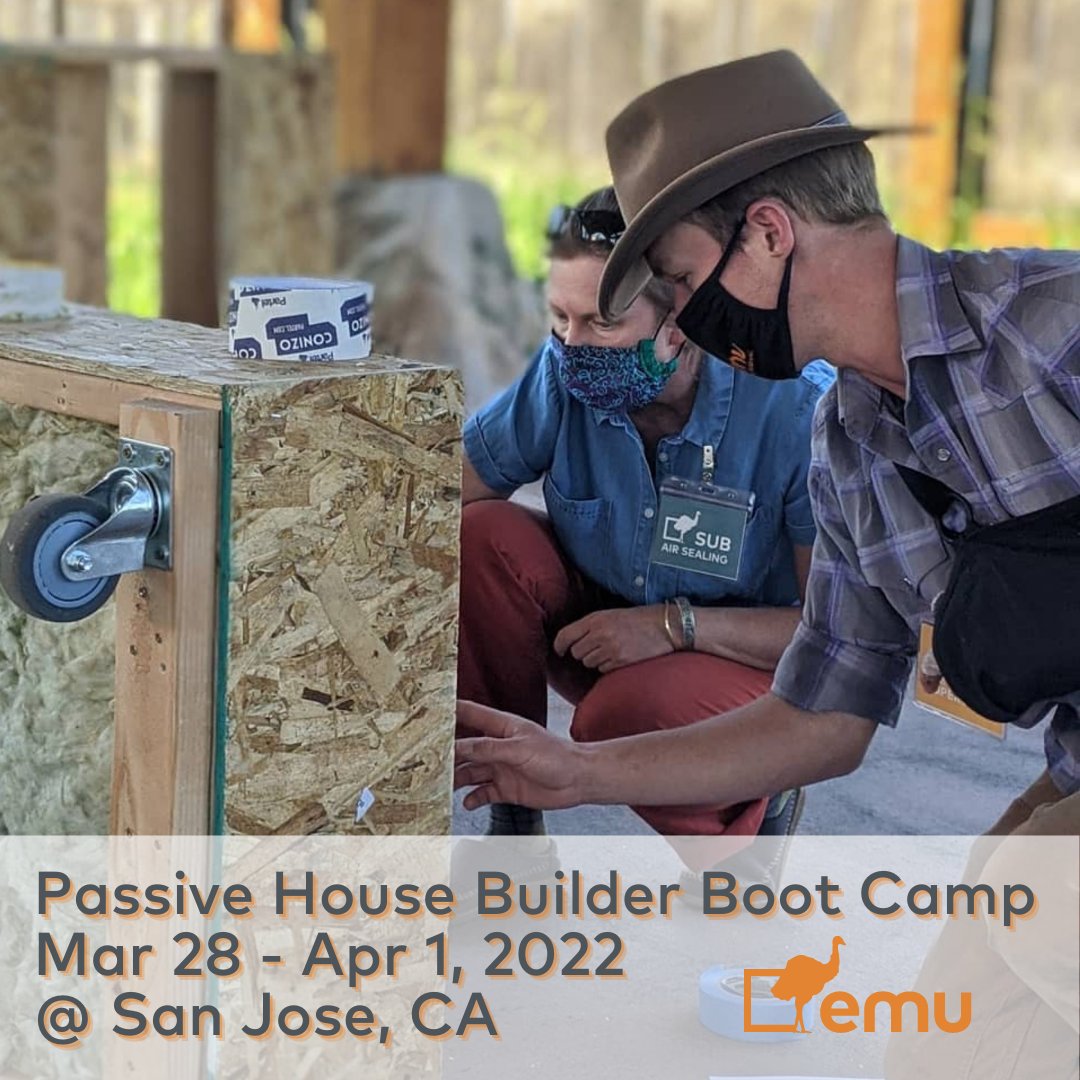 EmuBldgScience's tweet photo. We're bringing our Passive House Builder Bootcamp to San Jose, CA Mar 28 - Apr 1, 2022!
https://t.co/l5dVC8SmM0
5 Days of in-person, hands-on, #buildingscience deep dive to become a PHI Certified Passive House Tradesperson (CPHT).
#RunWildBuildPassive #passivehouse https://t.co/pVWlMGrdQM