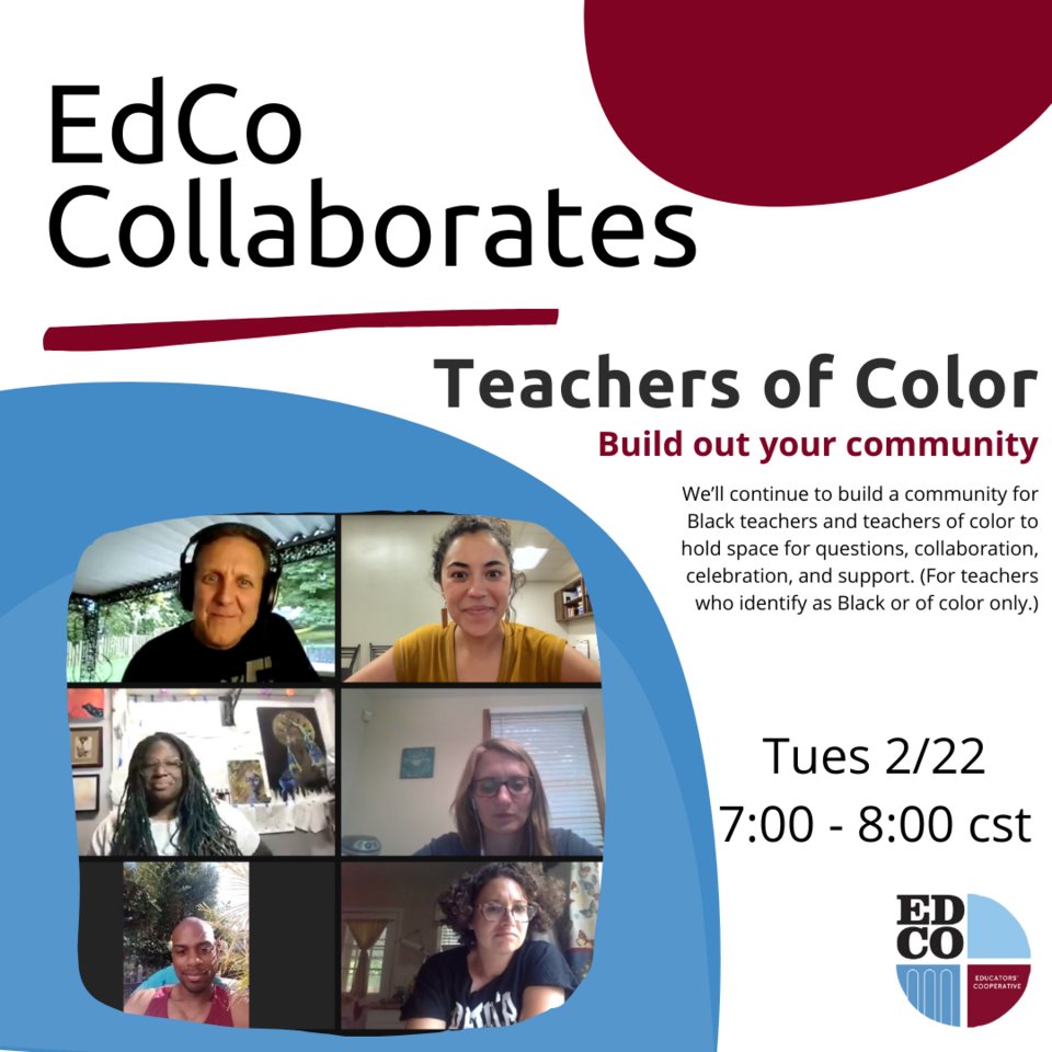 Ed_Cooperative's tweet photo. TONIGHT: We’ll continue to build a community for Black teachers and teachers of color to hold space for questions, collaboration, celebration, and support. #EducatorsCooperative #ForTeachersByTeachers #EdCoWorks #NashvilleSchools #TNEducation https://t.co/WwZa5Mo0EX