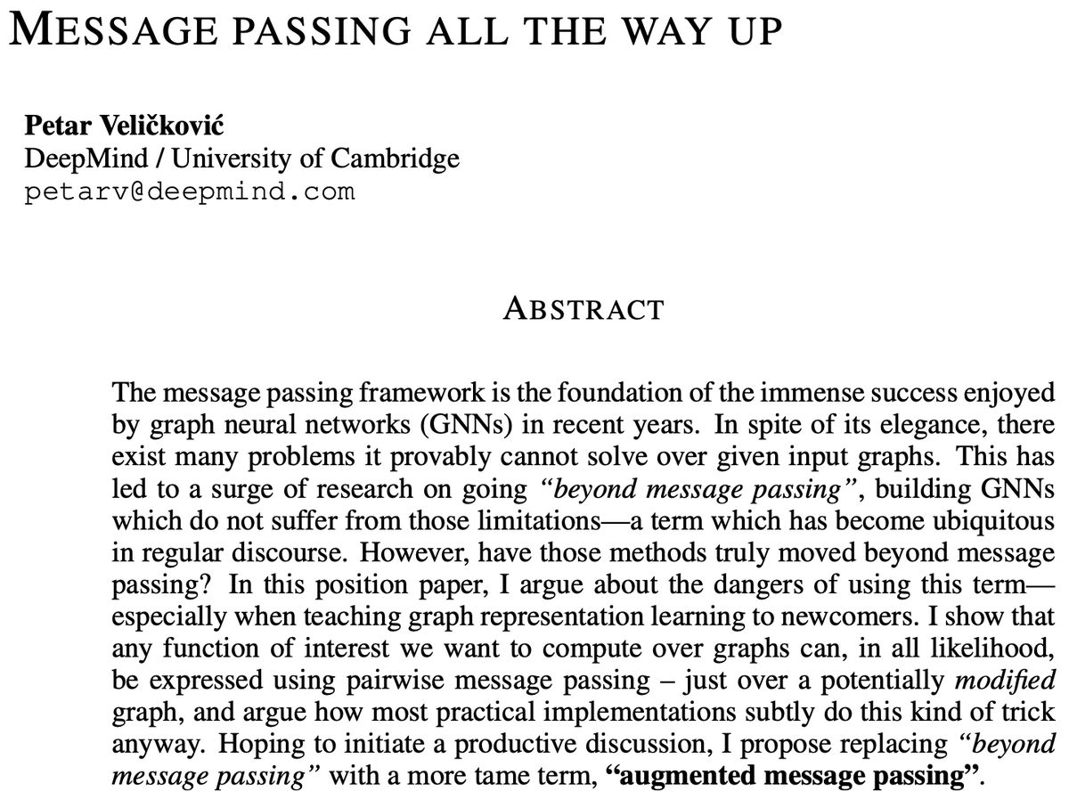 PetarV_93's tweet photo. New 4-page position paper, in defence of message passing! 🕸️🌟

tl;dr: most (if not all) GNNs that go 'beyond MP' can be expressed as MP; you just have to modulate the input graph. It could be trivial, useful, or insightful -- but seems always possible.

https://t.co/cSFlg0GLDk https://t.co/wpr0HiE1S1