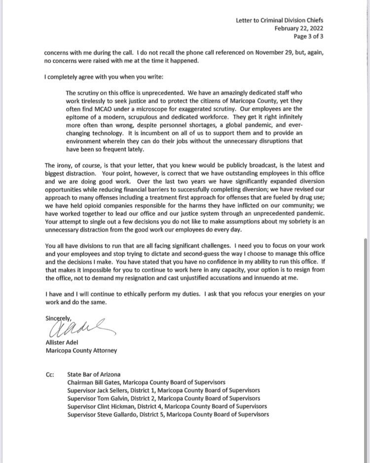 Maricopa County Attorney Allister Adel writes letter back to five top chiefs that asked her to resign. 

Basically, resign or do your jobs. 

She also denies making a drunken phone call last Monday morning.