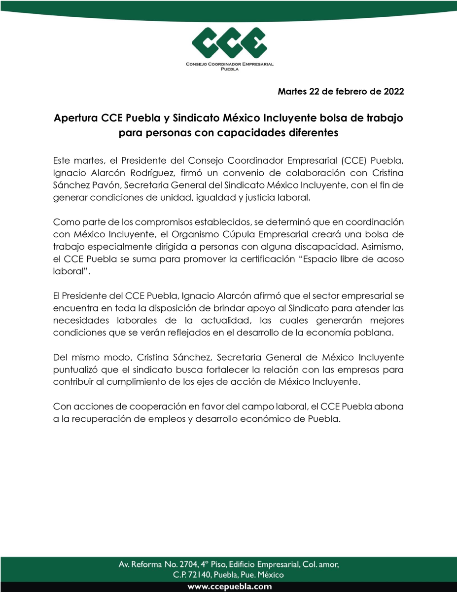 CCEPuebla's tweet photo. #BoletínCCE | Generar condiciones igualdad y justicia laboral es primordial. 

🤝En convenio de colaboración con @crisanchezpavon de @mx_incluyente, el Pdte. @TaicoAlarconR estableció abrir una bolsa de trabajo dirigida a personas con discapacidad.

Más información 👇 https://t.co/T3GlkxOHoi