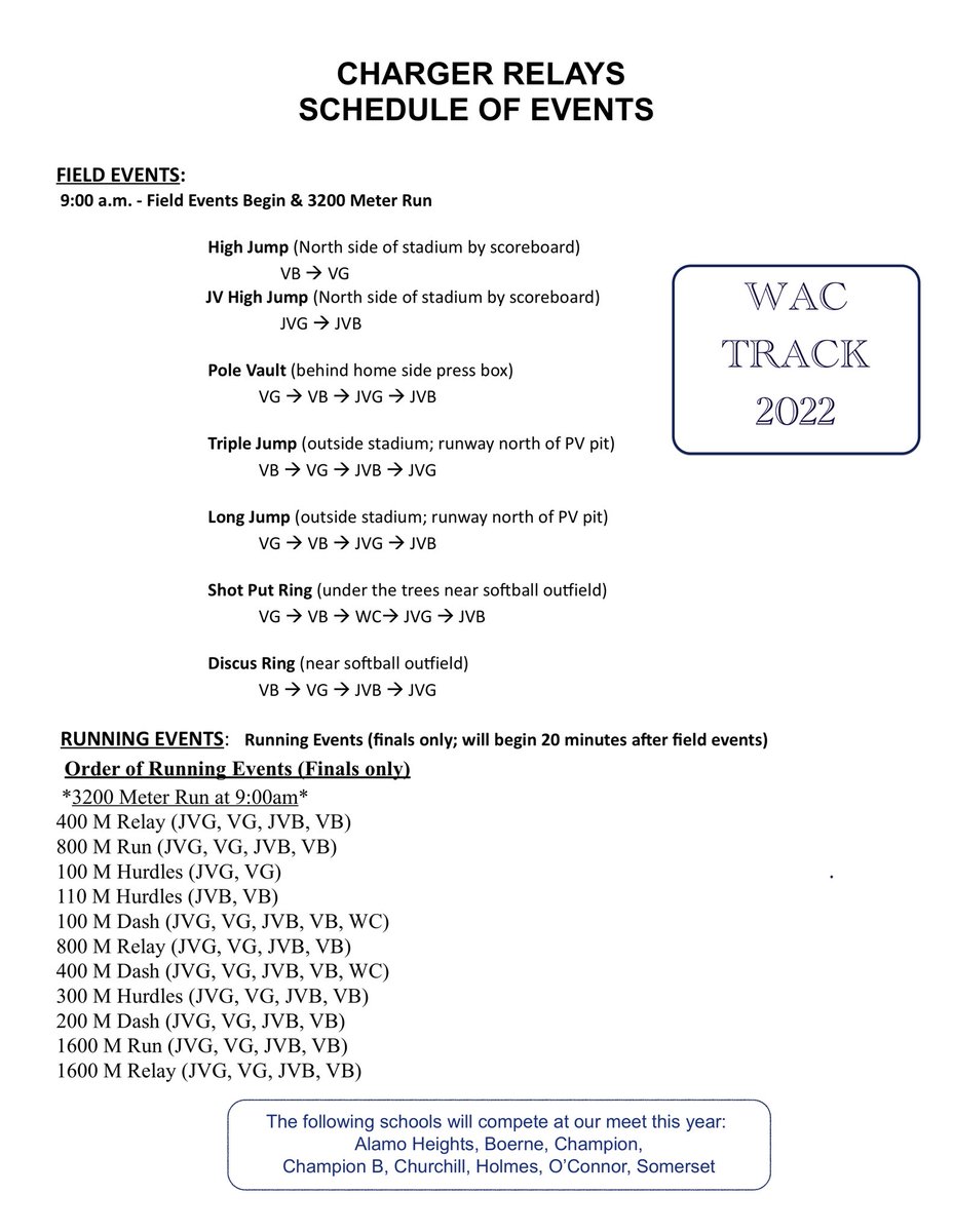 chschargertrack's tweet photo. Charger Relays is this Saturday 2/26- come support the Chargers in Boerne at one of the only few home meets this season. #wactrack🏆 https://t.co/JTFmKQPpUx