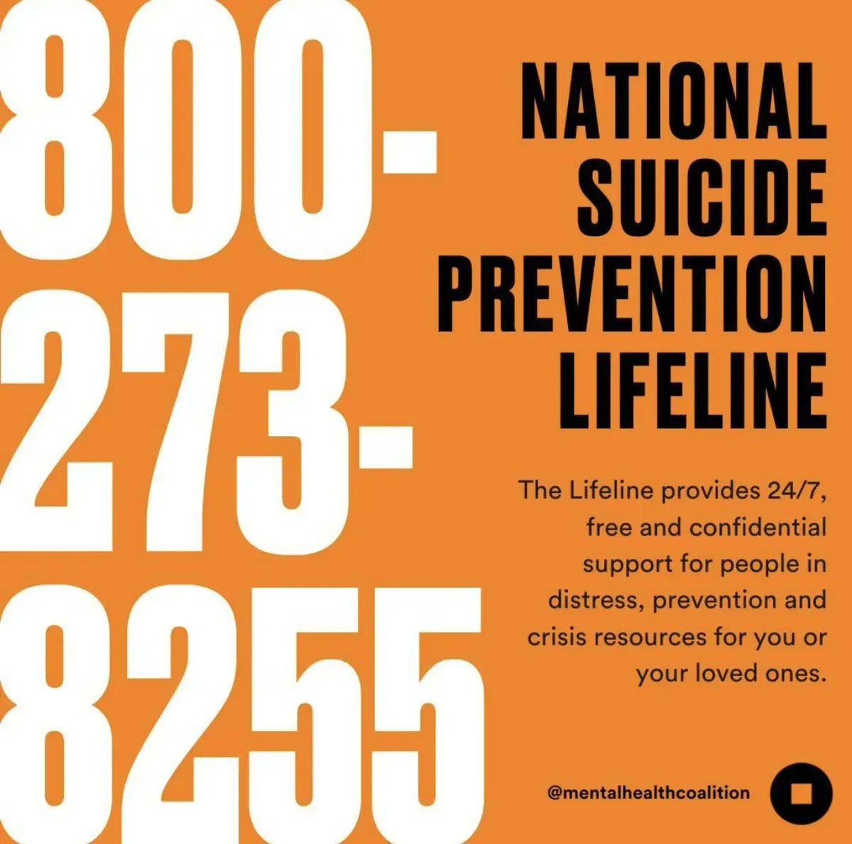 The National Suicide Prevention Lifeline (800-273-8255) provides free &amp; confidential emotional support to people in suicidal crisis or emotional distress 24/7 in the United States. Please take a moment to save the number in your phone, and do not hesitate to call.

#mentalhealth