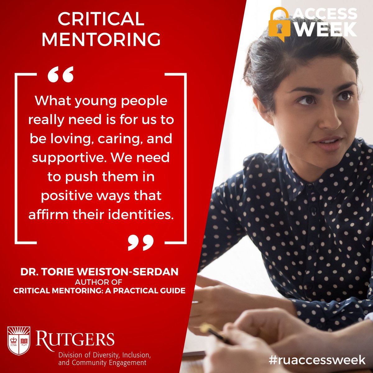 RUDiversity's tweet photo. Powerful insights from Dr. Torie Weiston-Serdan from the #ruaccessweek event Critical Mentoring:
"Young people deserve the best of us so that they can be better than us."
Learn more: https://t.co/lowvU0154m https://t.co/ij1dqT9ISn