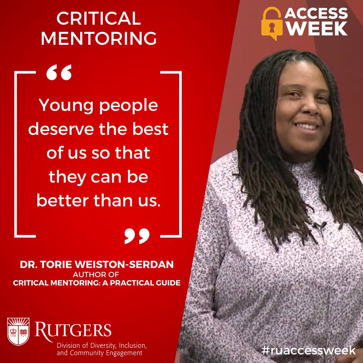 RUDiversity's tweet photo. Powerful insights from Dr. Torie Weiston-Serdan from the #ruaccessweek event Critical Mentoring:
"Young people deserve the best of us so that they can be better than us."
Learn more: https://t.co/lowvU0154m https://t.co/ij1dqT9ISn