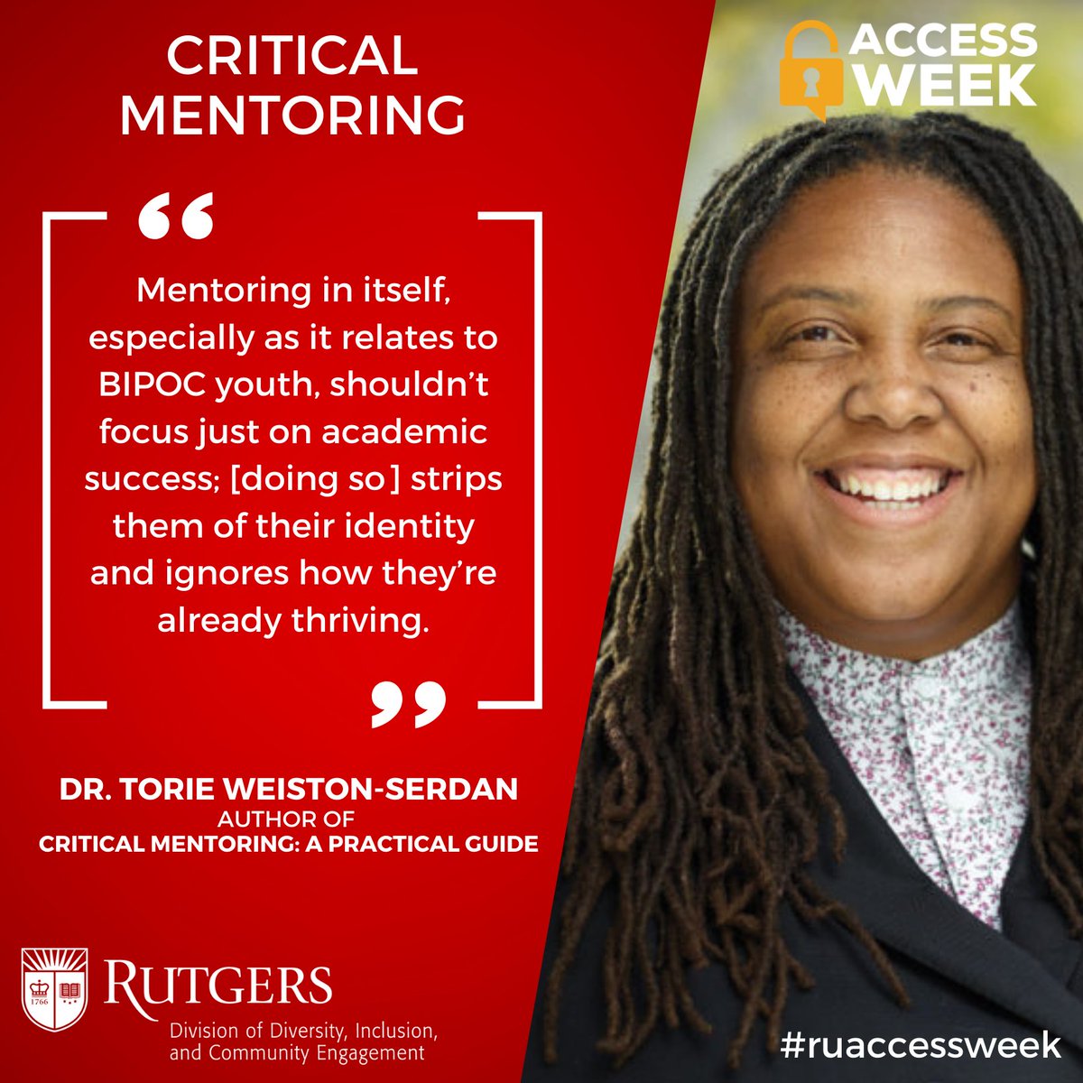 RUDiversity's tweet photo. Powerful insights from Dr. Torie Weiston-Serdan from the #ruaccessweek event Critical Mentoring:
"Young people deserve the best of us so that they can be better than us."
Learn more: https://t.co/lowvU0154m https://t.co/ij1dqT9ISn