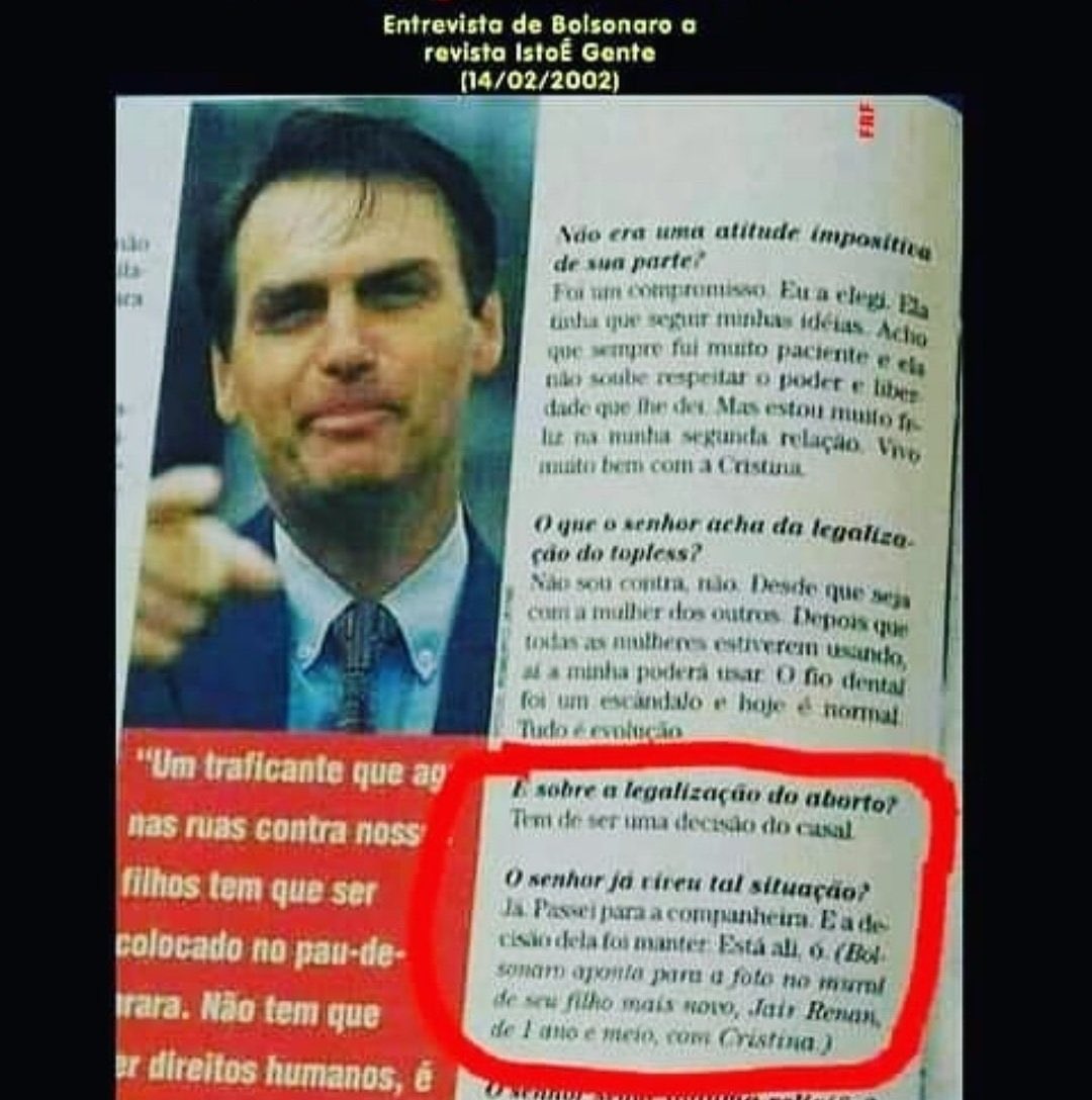 Mesmo sendo crime, c sabia que Jair cogitou abortar Renan? E que só não abortou pq respeitou a decisão da esposa?

Quando ele fala ser contra o aborto, saiba que até ele respeitou a decisão da mulher