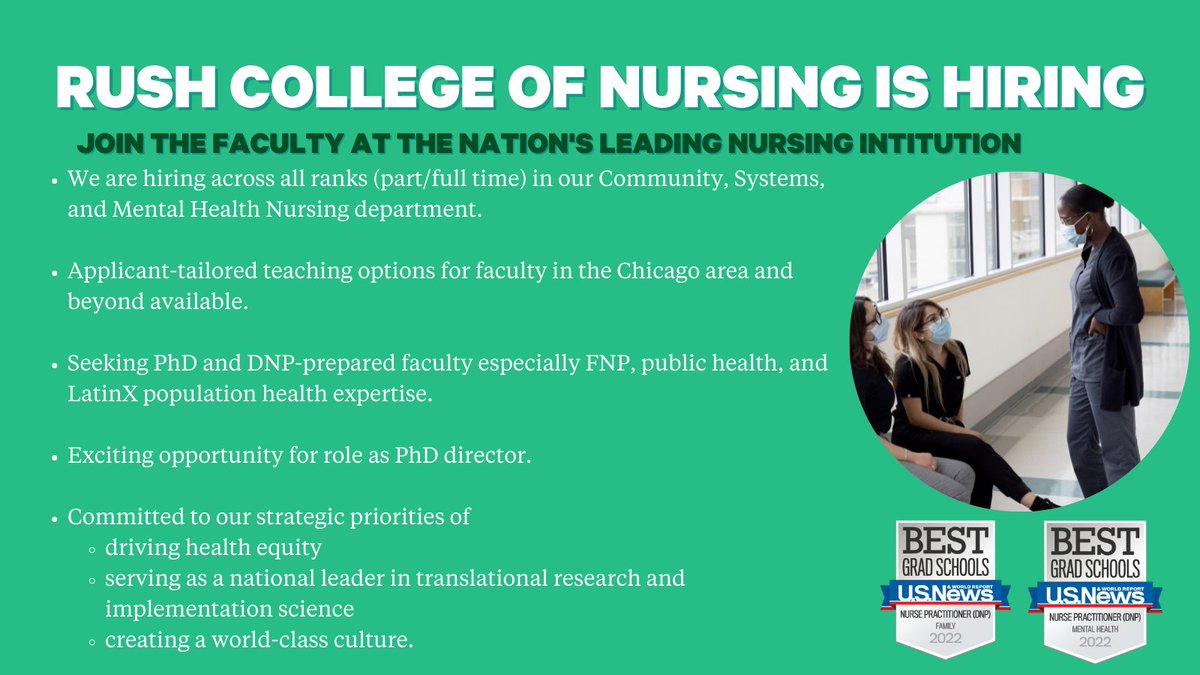 My amazing department is hiring and we have exciting opportunities. If this sounds like you, please reach out.  Join us at Rush!  <a href="/RushUNursing/">Rush U College of Nursing</a> <a href="/RushNursingDean/">Christine M Kennedy RN PhD FAAN</a> <a href="/BridgetEOBrien/">Bridget O'Brien, DNP, FNP-BC, AOCNP</a> @SusanSwider <a href="/MichelleHeyland/">Dr. Michelle Heyland</a> #nursefaculty