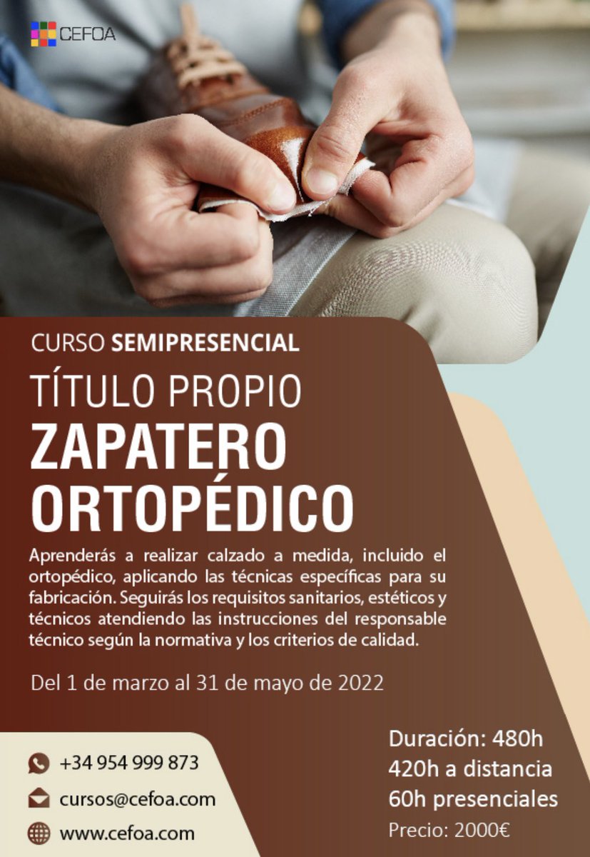 ¿Te gusta trabajar con las manos y mejorar la vida de las personas? 
Fórmate como zapatero/a de forma semipresencial con profesores profesionales del sector 💎🎯 Consulta el programa e inscríbete en nuestra web: 
cefoa.com/cefoa/cursos/t…